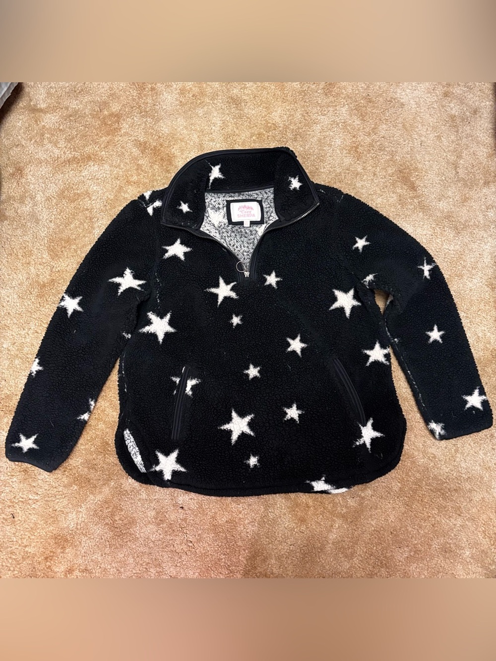 Cozy Sherpa Black White Star Sherpa Faux Fur Pullover 1/4 Zip Jacket XL